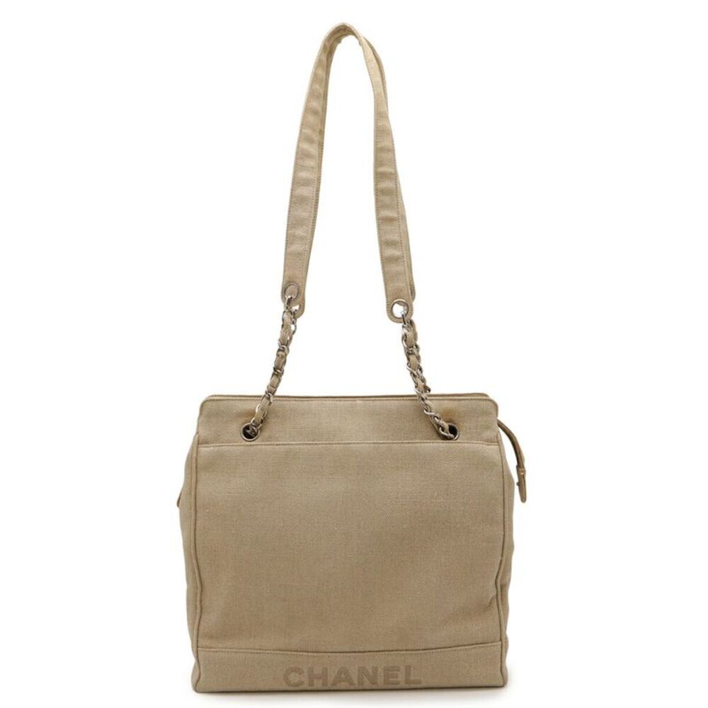 Chanel Linen Logo Chain Shoulder Bag Beige
